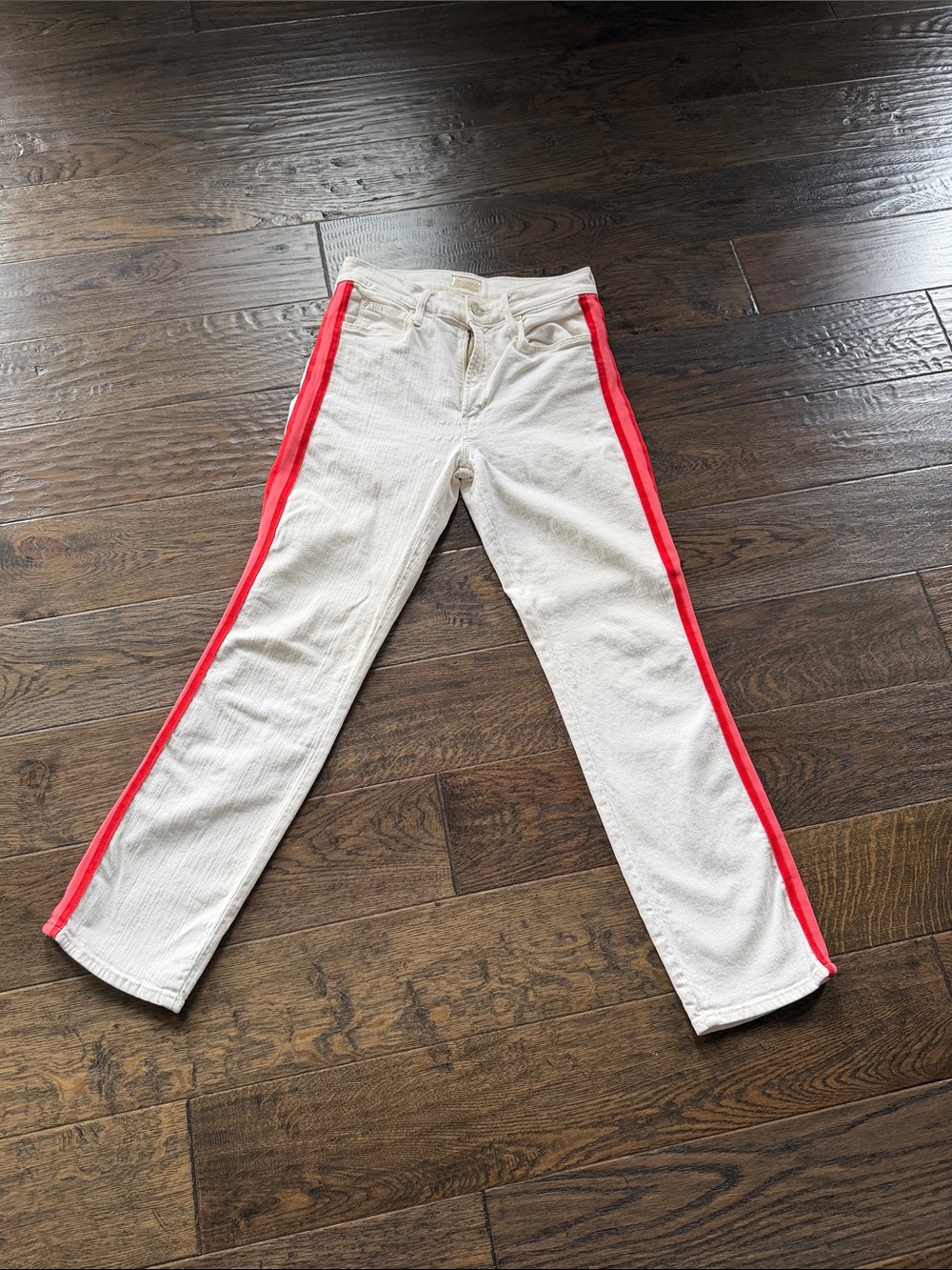 MOTHER Cream Denim Jeans with Red Side Stripes